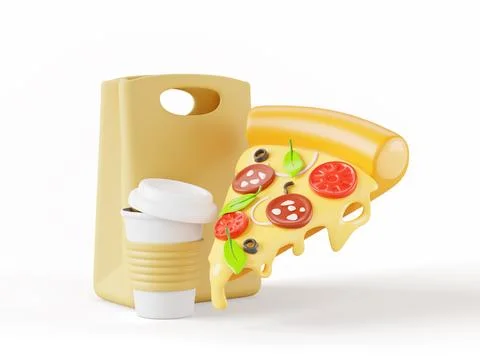 3d render brown paper bag with pizza slice and drink cup. Cartoon banner with Illustrazione stock