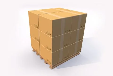 3D render Brown paper card box cargo stack on the wood pallet against white b Stock Illustration
