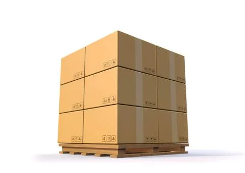 3D render Brown paper card box cargo stack on the wood pallet against white b 스톡 일러스트