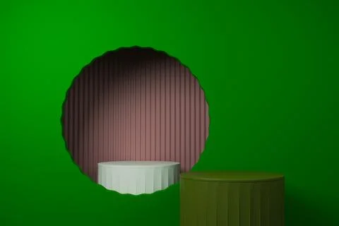 3D render Brown pink podiums on a dark green background with a circular arch Stock Illustration