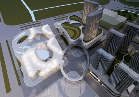 3d render building exterior shopping mall skyscrapers at night Ilustración de archivo