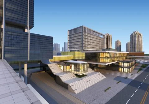3d render building exterior shopping mall skyscrapers at night Ilustración de archivo