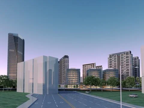 3d render building exterior shopping mall skyscrapers at night Ilustración de archivo
