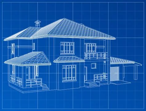 3D render of a building vector. The contours of houses on a blue drawing Ilustración de archivo