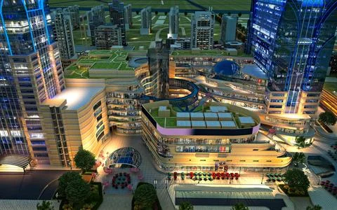 3d render buildings exterior view from top Ilustración de archivo