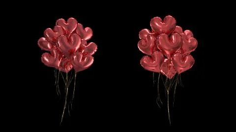 3d render Bundle of red heart-shaped balloons on a black background Stock Illustration