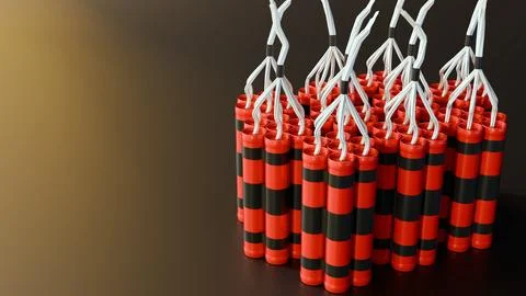3D render of bundled red dynamite sticks with black tape and white fuses. Stock Illustration