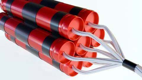 3D render of bundled red dynamite sticks with black tape and white fuses. Ilustración de archivo