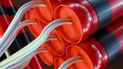 3D render of bundled red dynamite sticks with black tape and white fuses. Ilustración de archivo