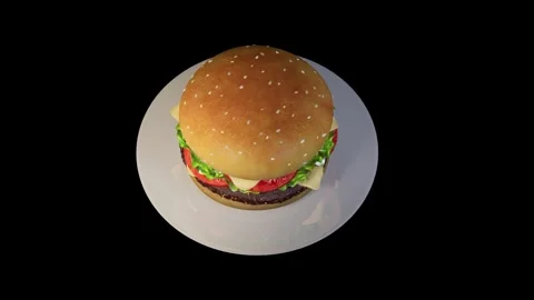 3D render. A burger on a plate rotates 360 degrees on a black background. Stock Footage 270490372