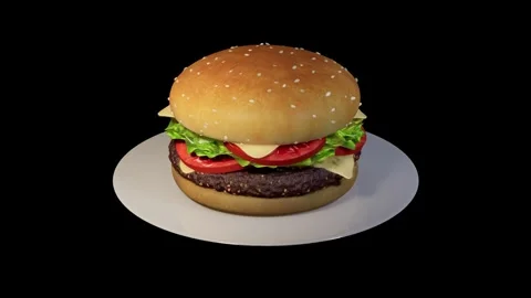 3D render. A burger on a plate rotates 360 degrees on a black background. Stock Footage 270490383