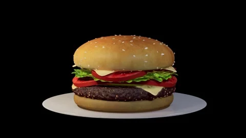 3D render. A burger on a plate rotates 360 degrees on a black background. Stock Footage 270490384