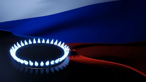 3d render. Burning gas burner against the background of the Russian flag. Gas pr Stock Footage 163435301