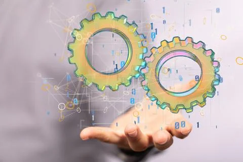 A 3D render of a Business select gear icon on virtual screen 스톡 사진
