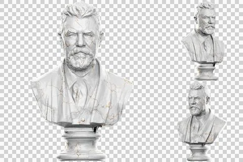 3D render of a bust statue of a Danish brewer with stone texture and gold acc Stock Illustration