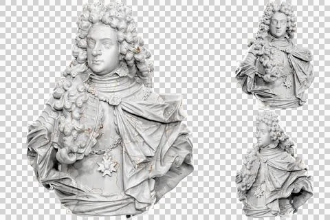 3D render of a bust statue of a military captain with stone texture and gold  Stock-Illustration