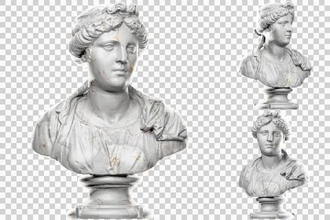 3D render of a bust statue of a young woman with stone texture and gold accen Stock Illustration