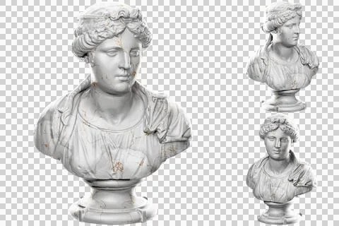 3D render of a bust statue of a young woman with stone texture and gold accen Stock Illustration
