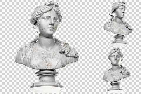 3D render of a bust statue of a young woman with stone texture and gold accen Illustration
