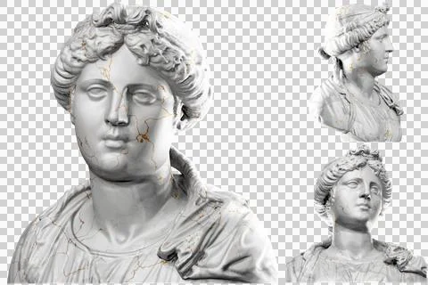 3D render of a bust statue of a young woman with stone texture and gold accen Stock Illustration