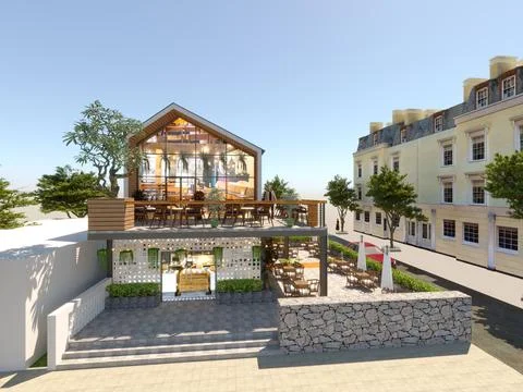 3d render cafe restaurant exterior 스톡 일러스트