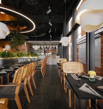 3d render cafe restaurant interior Stock Illustration