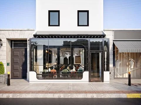 3d render cafe restaurant outdoor view 스톡 일러스트