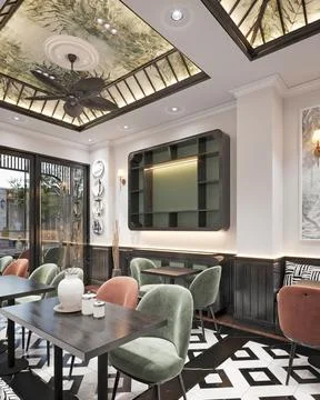 3d render cafe restaurant Stock Photos