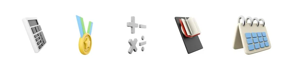3d render calculator, award, mathmetical operations, book, calendar icon set on Stock-Illustration