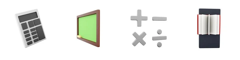 3d render calculator, board, mathmetical operations, book icon set on white Stock Illustration