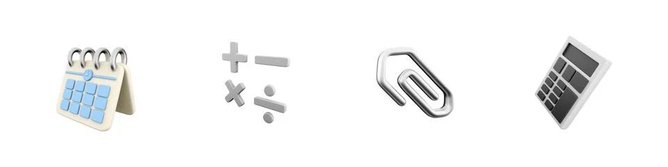 3d render calendar, mathmetical operations, attach, calculator icon set on white Stock Illustration