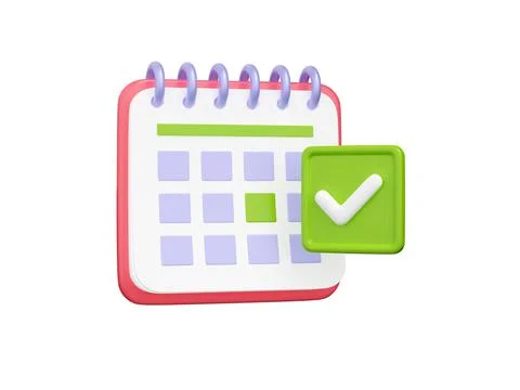 3D render of calendar page with green tick icon Stock Illustration