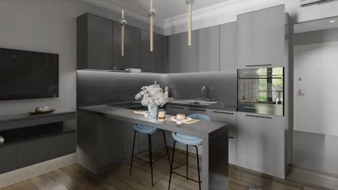 3D render. The camera circles around a small studio apartment Stock Footage 263771535