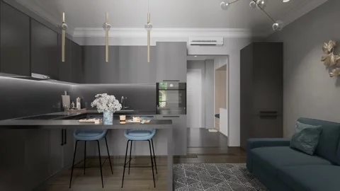 3D render. The camera circles around a small studio apartment Stock Footage 263771544