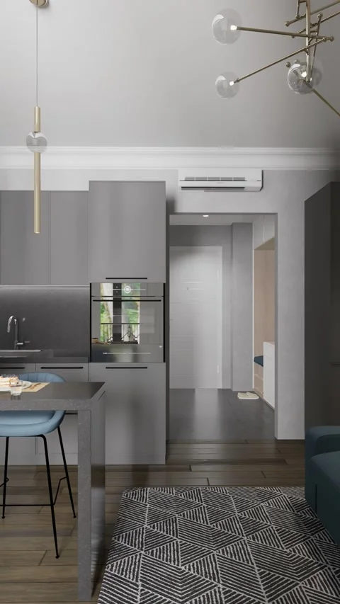 3D render. The camera circles around a small studio apartment Stock Footage 263771573