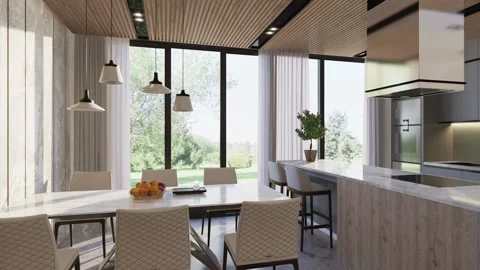 3D-render. The camera covers a modern open living room with a kitchen. Stock Footage 236842591