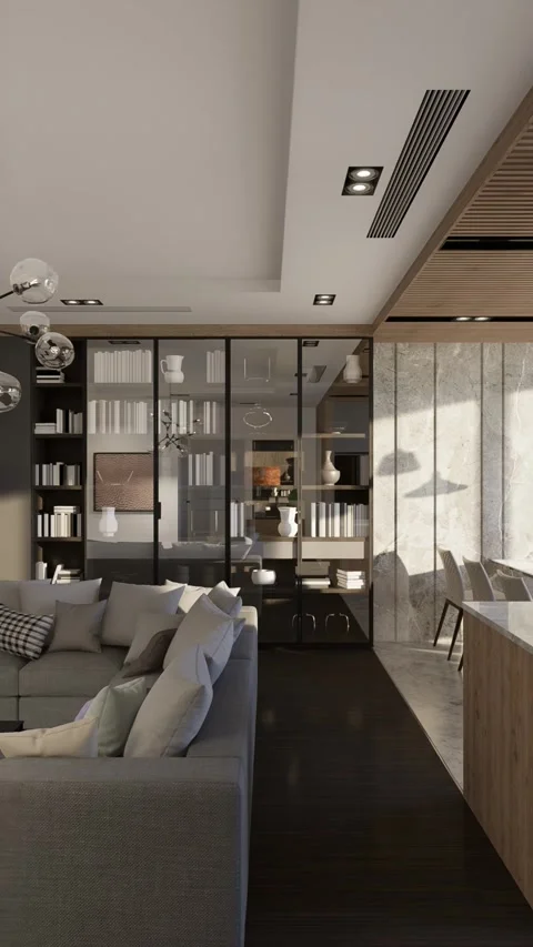 3D render. Camera pan through the interior of a studio apartment Stock Footage 261711288