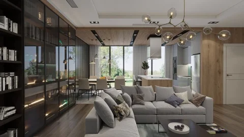 3d render. Camera span across a modern open living space with kitchen. Stock Footage 114060937