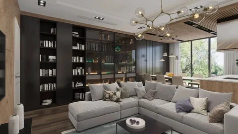 3d render. Camera span across a modern open living space with kitchen. Stock Footage 114060940