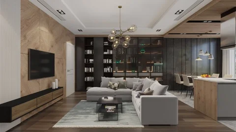 3d render. Camera span across a modern open living space with kitchen. Stock Footage 114060943