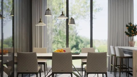 3d render. Camera span across a modern open living space with kitchen. Stock Footage 114564295