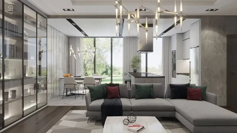 3d render. Camera span across a modern open living space with kitchen. Stock Footage 119119028