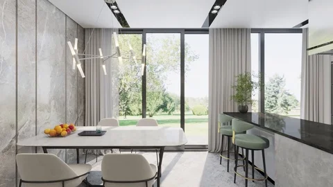 3d render. Camera span across a modern open living space with kitchen. Stock Footage 119203599