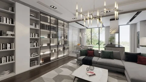 3d render. Camera span across a modern open living space with kitchen. Stock Footage 119416541