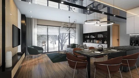 3d render. Camera span across a modern open living space with kitchen Stock Footage 121589767