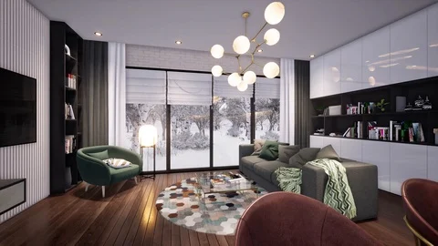 3d render. Camera span across a modern open living space with kitchen Stock Footage 122317538