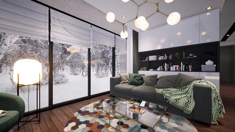 3d render. Camera span across a modern open living space with kitchen Stock Footage 122317541