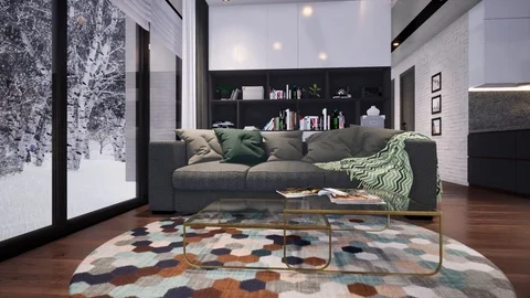 3d render. Camera span across a modern open living space with kitchen Stock Footage 122317558