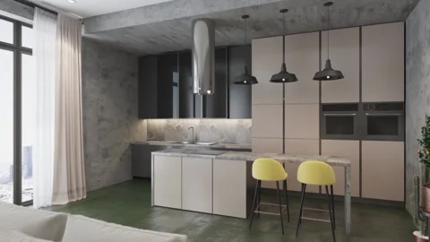 3d render. Camera span across a modern open living space with kitchen. Stock Footage 132984342