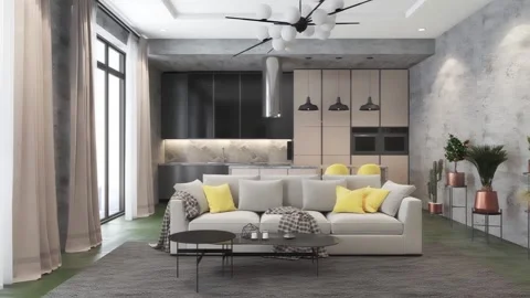3d render. Camera span across a modern open living space with kitchen. Stock Footage 132984345